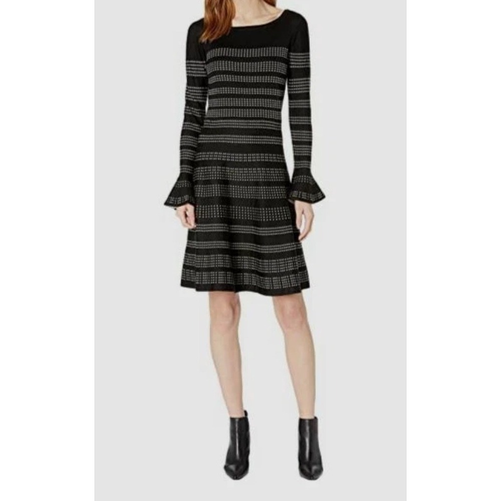 Taylor Black‎ Knit Dress Silver Dot Stripe Bell Sleeve A-Line Mini Size S